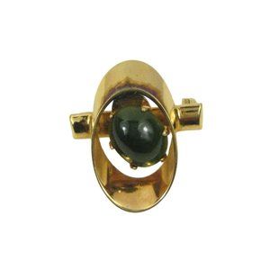 Green Imitation Stone Brooch .6 inch Pin Jewelry Goldtone Oval Modern Bar